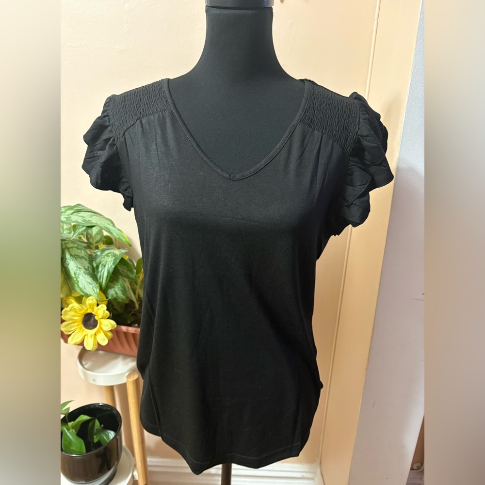 Black V-Neck Ruffle Sleeve Top